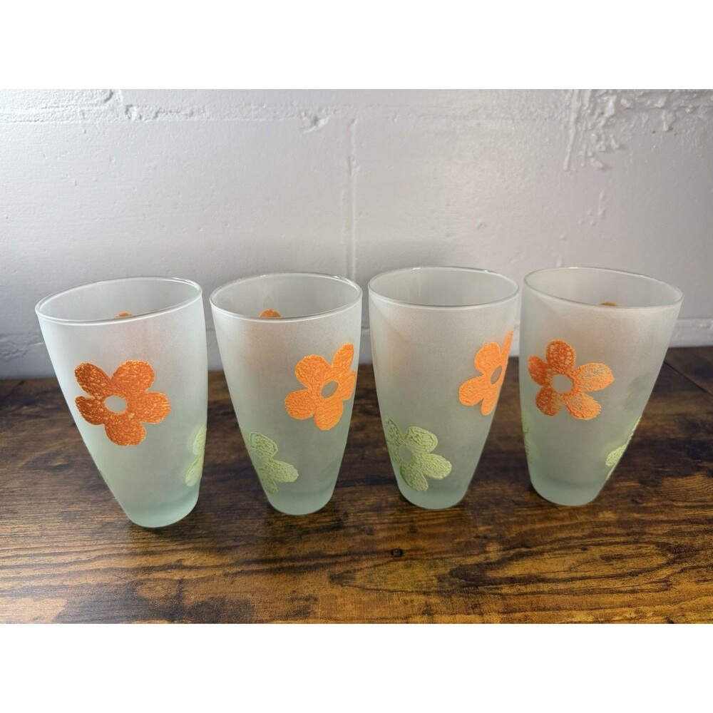 Set of 4 Vintage Frosted Floral Drinking Glasses Retro Flower Tumblers